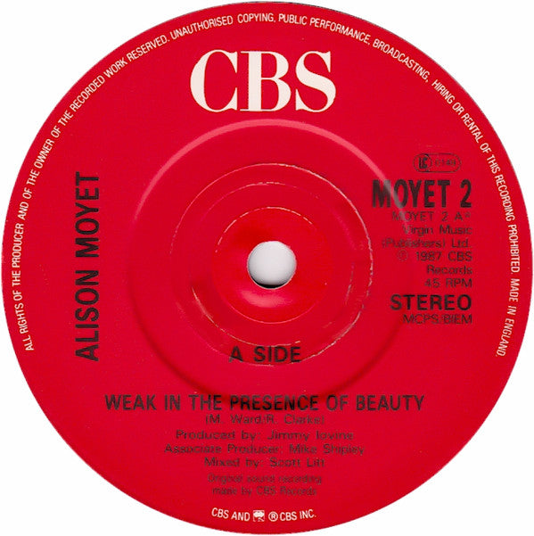 Alison Moyet - Weak In The Presence Of Beauty - Used Vinyl Record 7" image 7