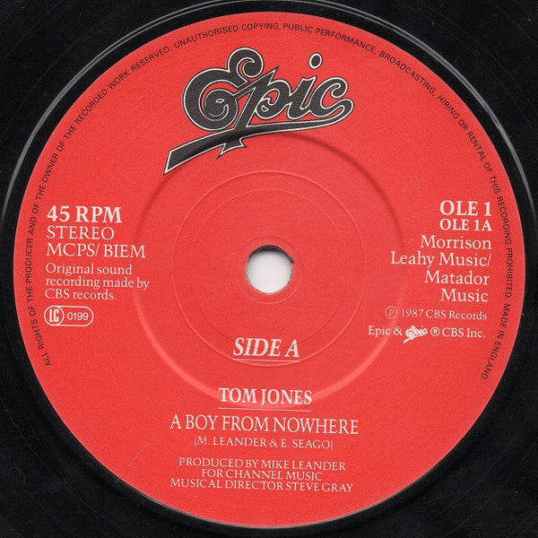 Tom Jones - A Boy From Nowhere - Used Vinyl Record 7" image 3