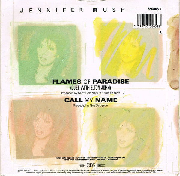 Jennifer Rush - Flames Of Paradise - Used Vinyl Record 7" image 2