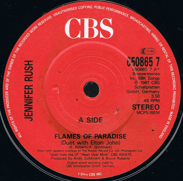 Jennifer Rush - Flames Of Paradise - Used Vinyl Record 7" image 3