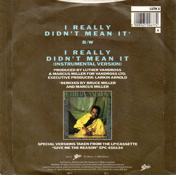 Luther Vandross - I Really Didn't Mean It - Used Vinyl Record 7" image 2