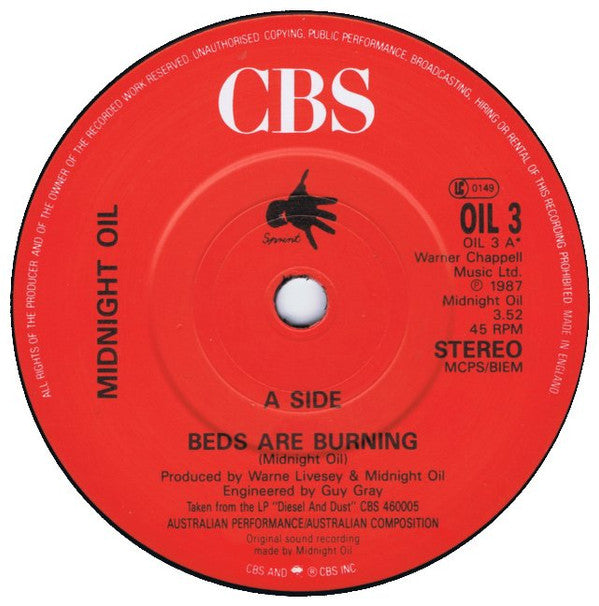Midnight Oil - Beds Are Burning - Used Vinyl Record 7" image 3