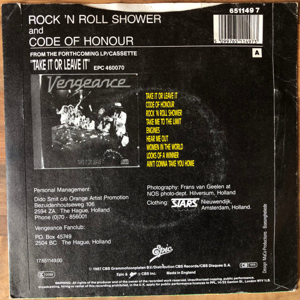 Vengeance - Rock 'n Roll Shower - Used Vinyl Record 7" image 2