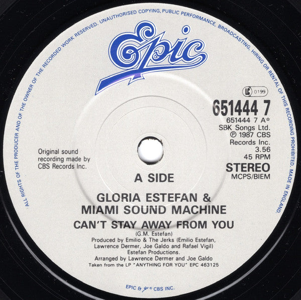 Miami Sound Machine - Can't Stay Away From You - Used Vinyl Record 7" image 3