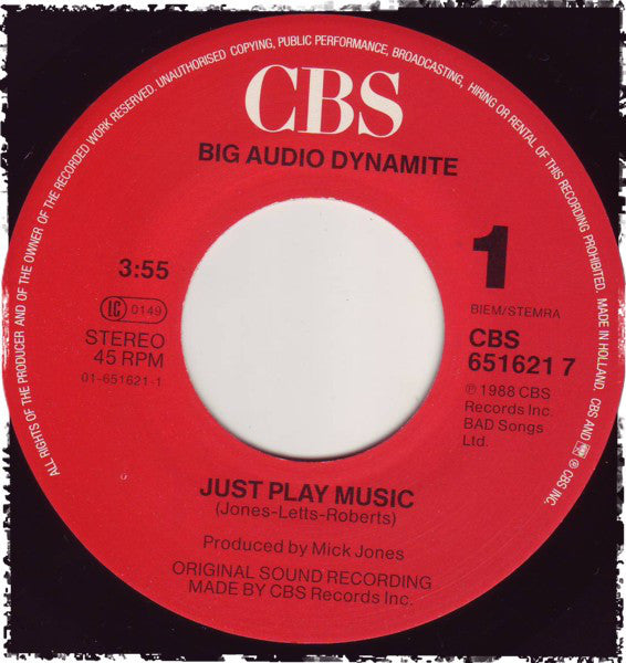 Big Audio Dynamite - Just Play Music! - Used Vinyl Record 7" image 3