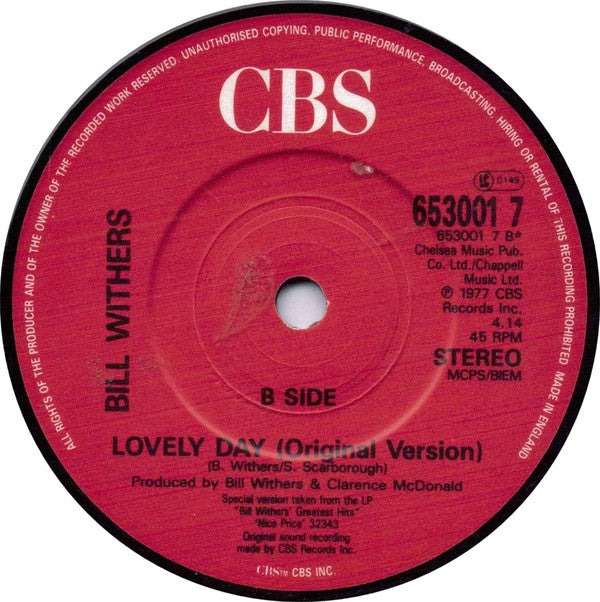 Bill Withers - Lovely Day (Sunshine Mix) - Used Vinyl Record 7" image 4