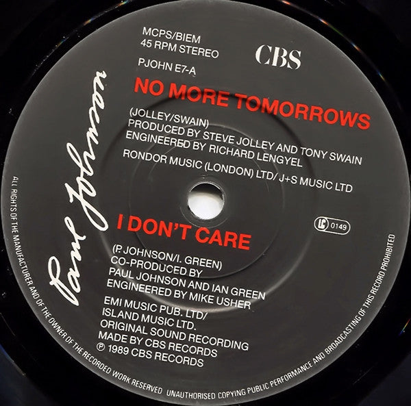Paul Johnson - No More Tomorrows - Used Vinyl Record 7" image 3