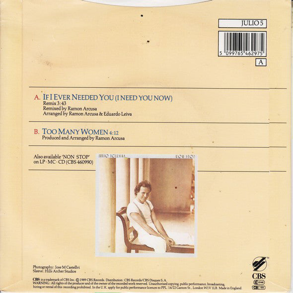 Julio Iglesias - If I Ever Needed You (I Need You Now) - Used Vinyl Reco image 2