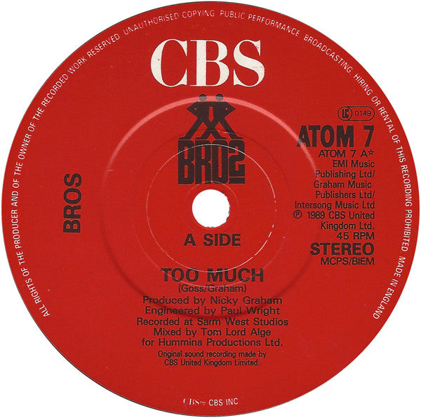 Bros - Too Much - Used Vinyl Record 7" image 7