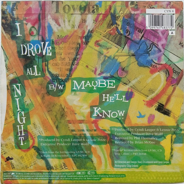 Cyndi Lauper - I Drove All Night - Used Vinyl Record 7" image 2