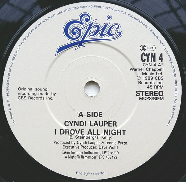 Cyndi Lauper - I Drove All Night - Used Vinyl Record 7" image 3
