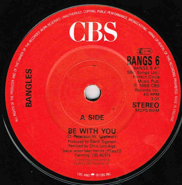 Bangles - Be With You - Used Vinyl Record 7" image 7
