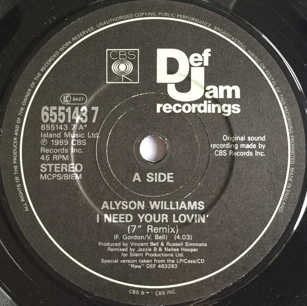 Alyson Williams - I Need Your Lovin' - Used Vinyl Record 7" image 3