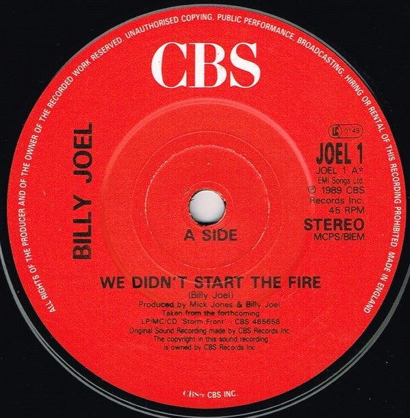 Billy Joel - We Didn't Start The Fire - Used Vinyl Record 7" image 3