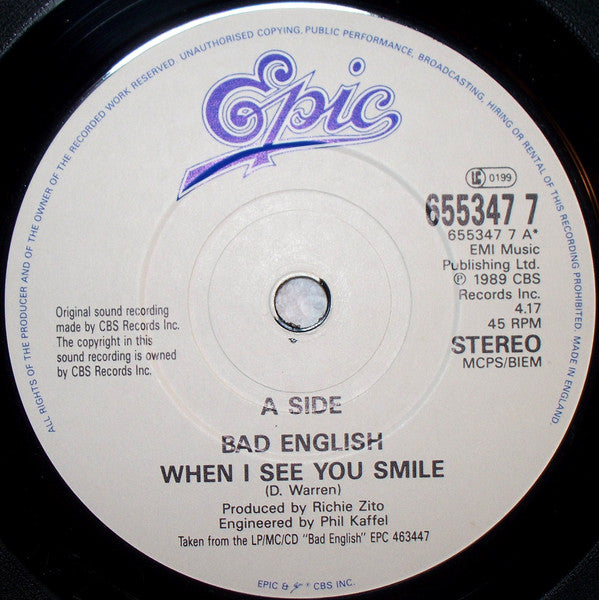 Bad English - When I See You Smile - Used Vinyl Record 7" image 3