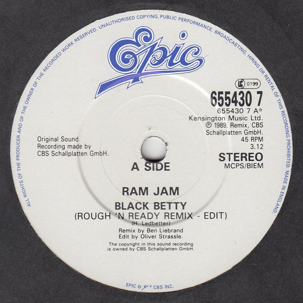 Ram Jam - Black Betty (Rough 'N Ready Remix) - Used Vinyl Record 7" image 3