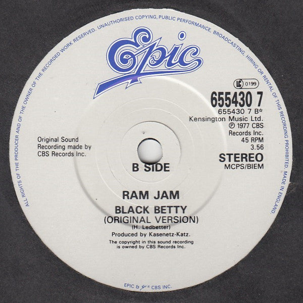 Ram Jam - Black Betty (Rough 'N Ready Remix) - Used Vinyl Record 7" image 4