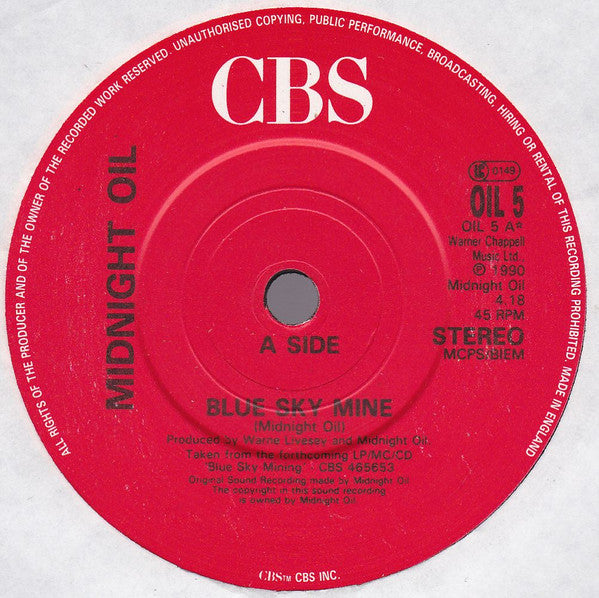 Midnight Oil - Blue Sky Mine - Used Vinyl Record 7" image 3