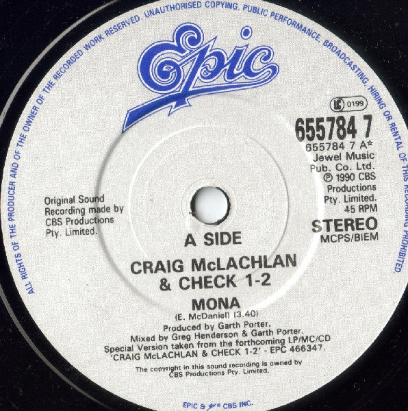 Craig McLachlan & Ch - Mona - Used Vinyl Record 7" image 3
