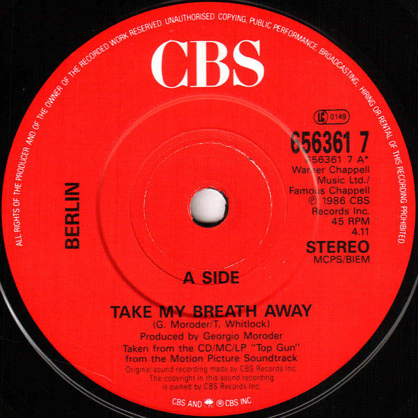Berlin - Take My Breath Away (Love Theme From "Top Gun") / Danger Zon image 3