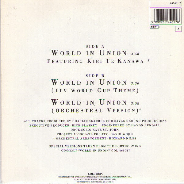 Kiri Te Kanawa - World In Union - Used Vinyl Record 7" image 2