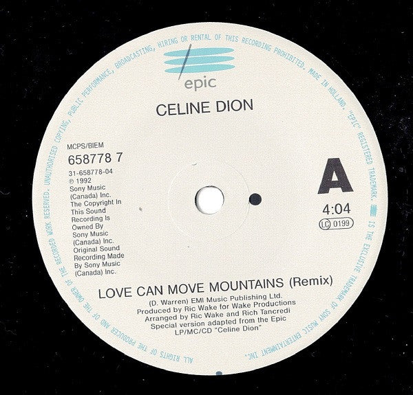 Celine Dion - Love Can Move Mountains - Used Vinyl Record 7" image 3