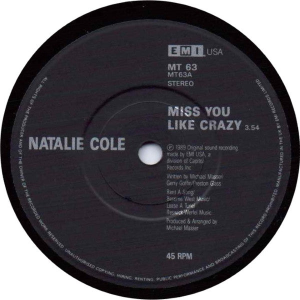 Natalie Cole - Miss You Like Crazy - Used Vinyl Record 7" image 3