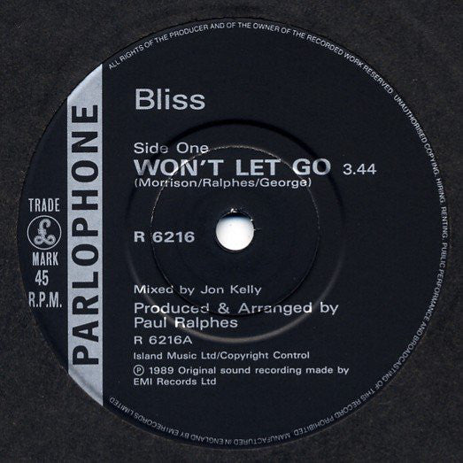 Bliss - Won't Let Go - Used Vinyl Record 7" image 3