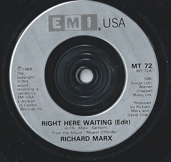 Richard Marx - Right Here Waiting - Used Vinyl Record 7" image 3