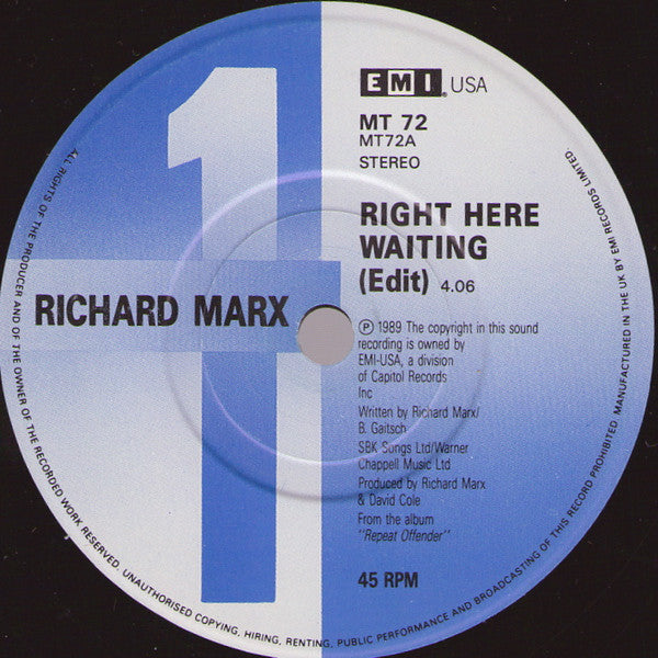 Richard Marx - Right Here Waiting - Used Vinyl Record 7" image 7