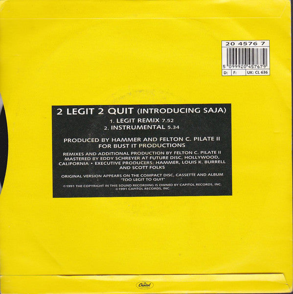 MC Hammer - 2 Legit 2 Quit - Used Vinyl Record 7" image 2