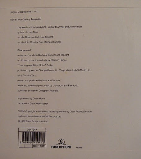 Electronic - Disappointed - Used Vinyl Record 7" image 2