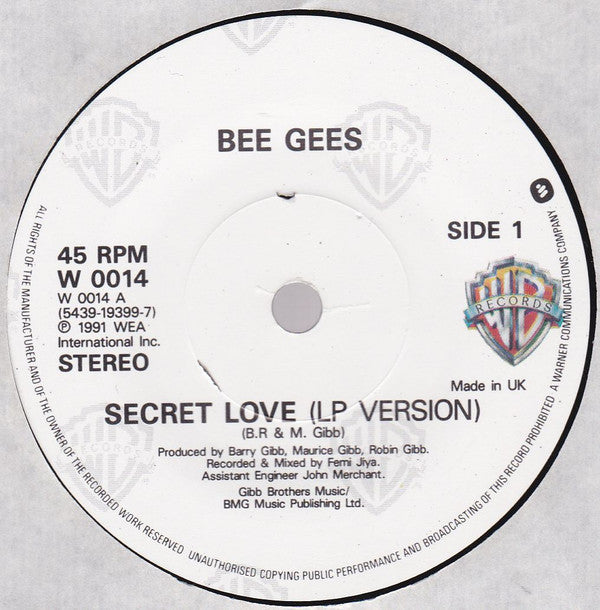Bee Gees - Secret Love - Used Vinyl Record 7" image 3