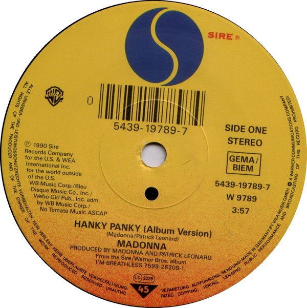 Madonna - Hanky Panky - Used Vinyl Record 7" image 3