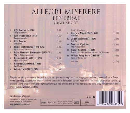 TENEBRAE <BR>NIGEL S - TAVENER - ALLEGRI MISERERE AND OTHER CHO - CD A image 2