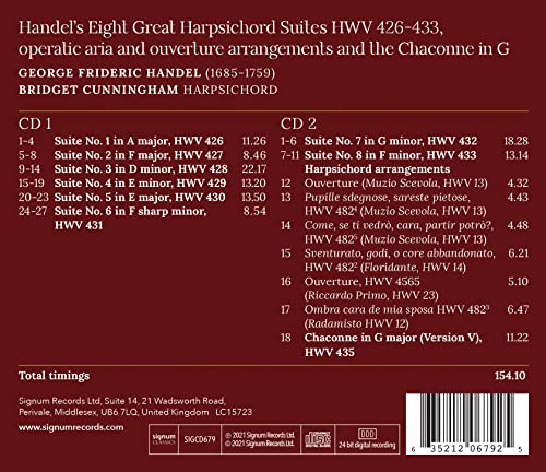 BRIDGET CUNNINGHAM - HANDEL: THE 8 GREAT HARPSICHORD SUITES - CD ALBUM image 2
