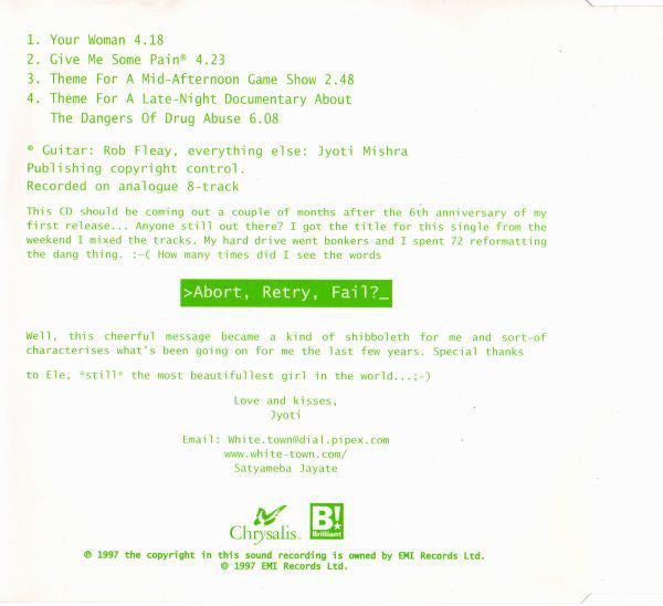 White Town - >Abort, Retry, Fail?_ Your Woman - Used CD image 3