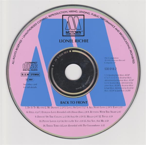 Lionel Richie - Back To Front - CD image 3