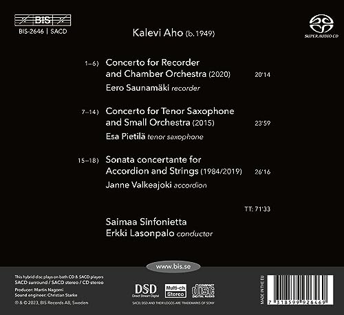 EERO SAUNAMAKI; ESA - KALEVIA AHO CONCERTOS FOR REC - CD image 2