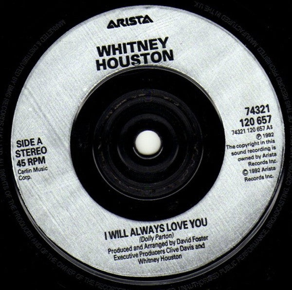 Whitney Houston - I Will Always Love You - Used Vinyl Record 7" image 3