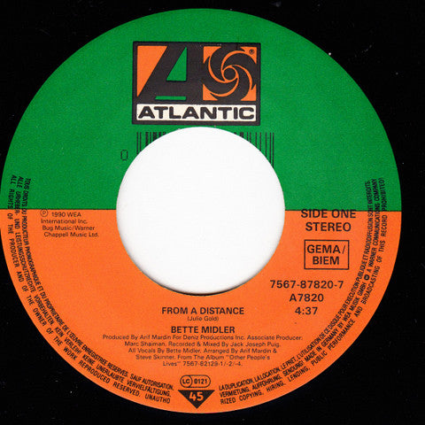 Bette Midler - From A Distance - Used Vinyl Record 7" image 3