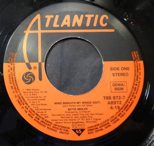 Bette Midler - Wind Beneath My Wings - Used Vinyl Record 7" image 3