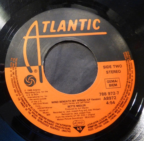 Bette Midler - Wind Beneath My Wings - Used Vinyl Record 7" image 4