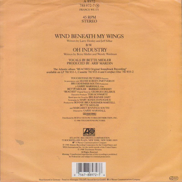 Bette Midler - Wind Beneath My Wings - Used Vinyl Record 7" image 6