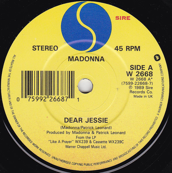 Madonna - Dear Jessie - Used Vinyl Record 7" image 3