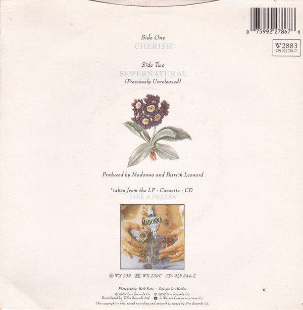 Madonna - Cherish - Used Vinyl Record 7" image 2