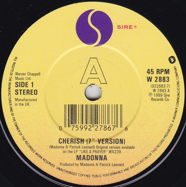 Madonna - Cherish - Used Vinyl Record 7" image 3