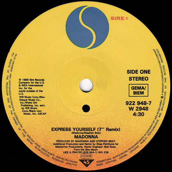 Madonna - Express Yourself - Used Vinyl Record 7" image 3