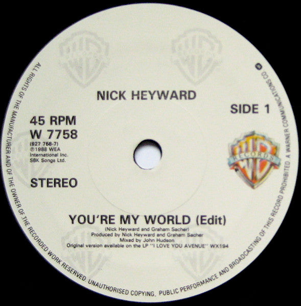 Nick Heyward - You're My World - Used Vinyl Record 7" image 7