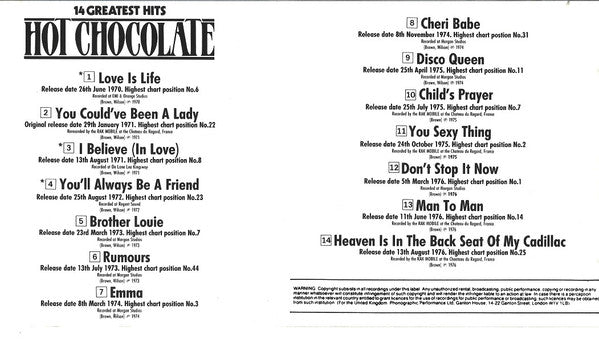 Hot Chocolate - 14 Greatest Hits - Used CD image 9